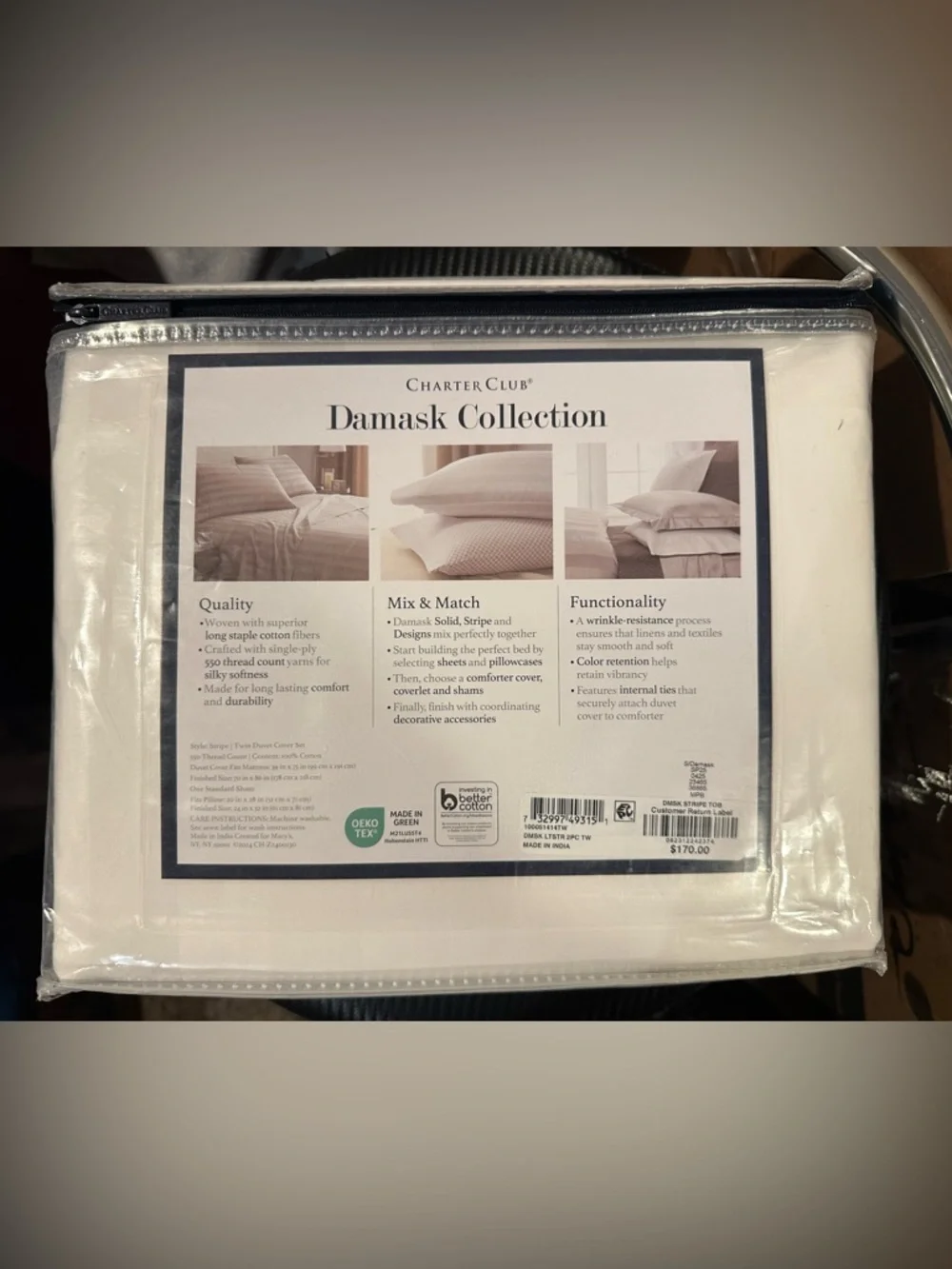 Charter Club Damask Stripe 550 TC 100% Cotton Twin Duvet Cover Set White 2PC